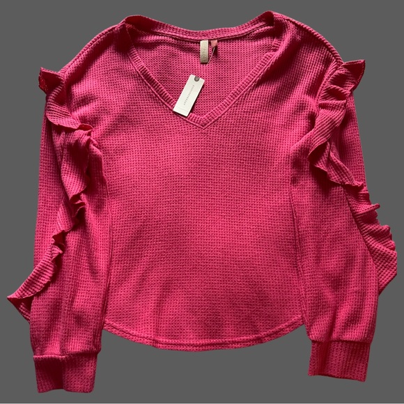 🌺 Anthropologie Pilcro Waffle Knit Wide V-Neck Slouchy Ruffle Top Pink Size Med - Picture 4 of 17